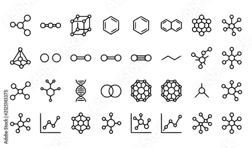 Scientific molecular bond icon set with atom network and chemical structure symbols vector