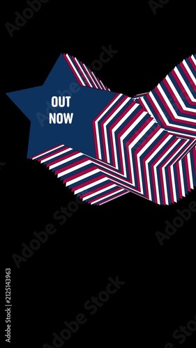 Layered star shape out now typography animation with transparent background