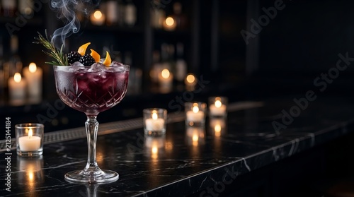 Elegant smoky cocktail with blackberries rosemary and orange peel garnished with ice served on dark bar with small candles and bokeh lighting.