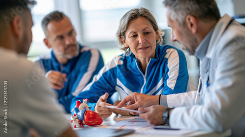 Sports cardiologist discussing gradual return to training with a young male runner recovering from myocarditis, athlete and coach seated across from the physician, neutral