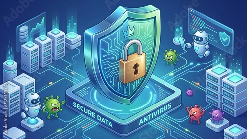 Cyber security shield with padlock symbol, data server, and virus icons on a blue digital network