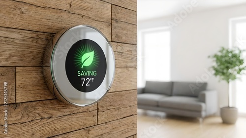 Smart thermostat on a wooden wall, showing energy saving mode with the temperature set at 72 degrees Fahrenheit, in a modern living room with sofas and a potted plant