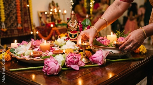 Woman lights diyas and arranges lotus flowers for a Hindu religious ceremony with deity statue in background