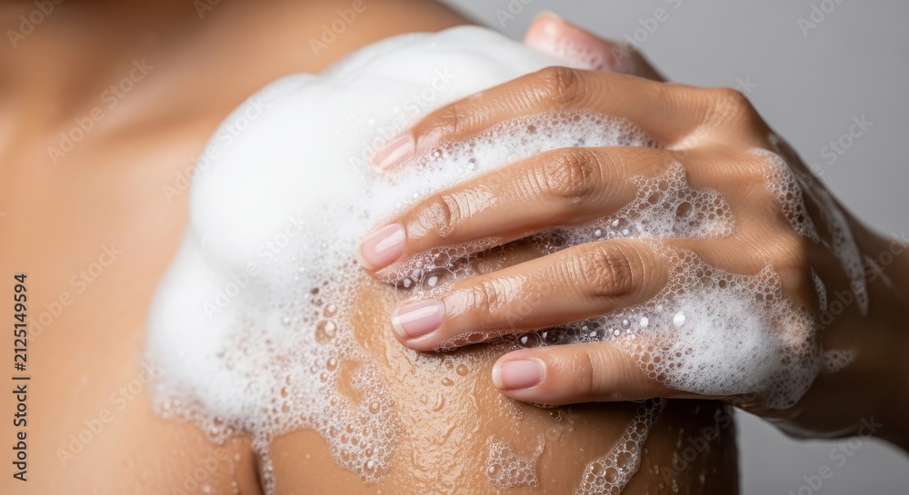 Fototapeta premium Close-up of Woman Washing Her Shoulder with White Soap Foam and Bubbles for Skincare and Hygiene