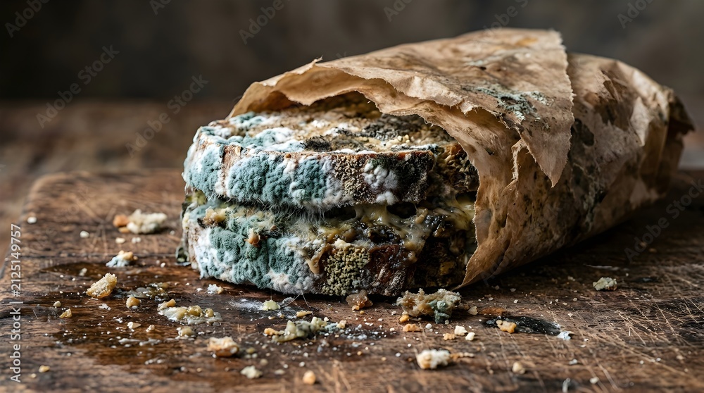 Fototapeta premium Moldy Bread Slices in Paper Bag on Rustic Wood.