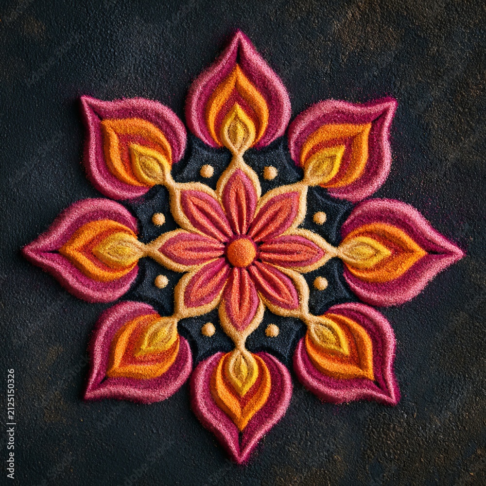 Fototapeta premium Colorful rangoli mandala flower design with layered petals in pink orange and gold on dark textured surface for festival and cultural decoration concept