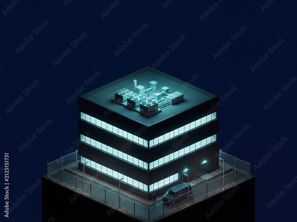 Obraz premium Isometric close-up of finished data center at night