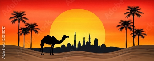 Camel Silhouette at Desert Sunset with City Skyline