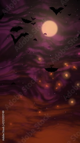 Spooky Halloween Night Fog with Flying Bats and Glowing Orbs Over a Full Moon Seamless Loop in calm orange tones vertical 9:16
