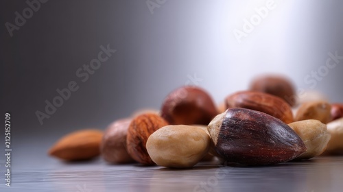 A delicious assortment of colorful mixed nuts including almonds and hazelnuts, presented with shallow depth of field.