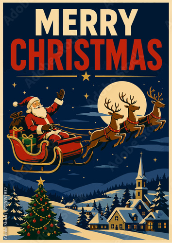 095-48-Santa claus flying through a snowy village scene at night, bringing gifts for Christmas
