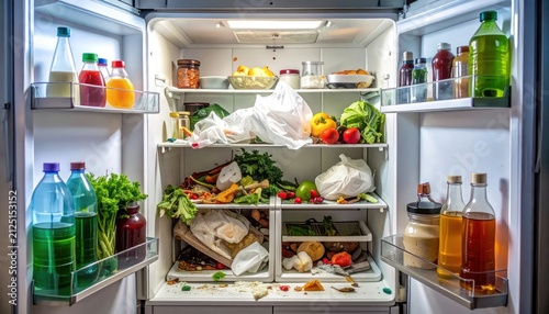 Disorganized and messy open refrigerator filled with various food.