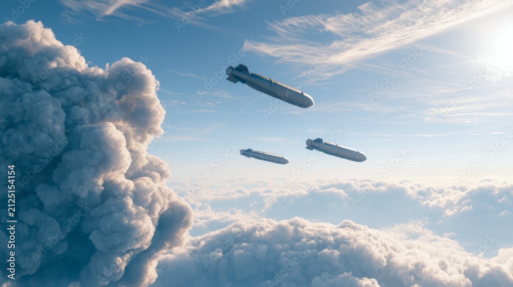 Obraz premium Military bombs falling from blue sky with white clouds, 3D render showing aerial attack concept, warfare, defense, danger and dramatic conflict scene with modern military simulation security themes