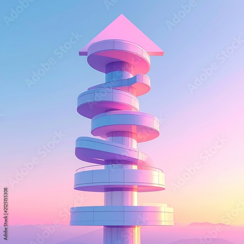 Inspiring modern architectural tower with a big upward arrow against a pastel sunset sky with no people, visually symbolizing financial growth, vision, and future success.