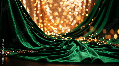 Elegant Green Velvet Fabric with Golden Bokeh Lights Background
