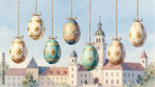 Decorative Easter eggs with floral patterns hang suspended by ropes above a blurred European village featuring church towers and red-tiled roofs under soft daylight.
