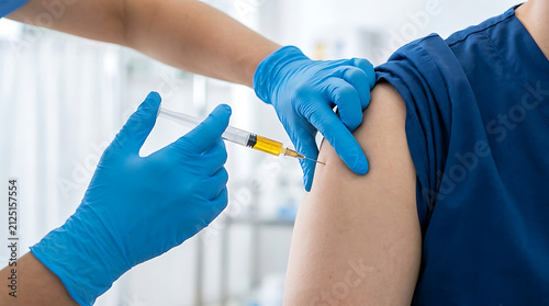 Medical professional administering vaccine injection to patient arm for immunity and healthcare protection