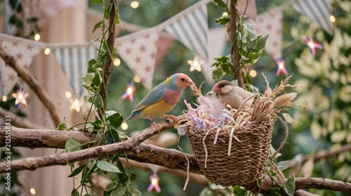 Two colorful Gouldian finches perches near a woven basket nest with decor. Side view with copy space, on blurred background for ornithology blogs, pet shop promotion, and holiday greeting cards.