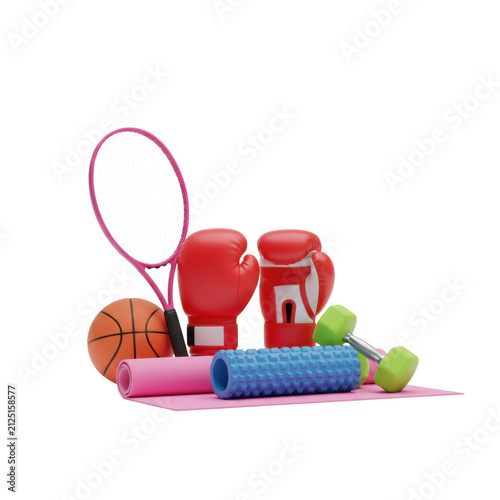 Variety of colorful sports equipment including boxing gloves, tennis racket, basketball, and yoga mat on a white background. Concept of fitness and healthy lifestyle