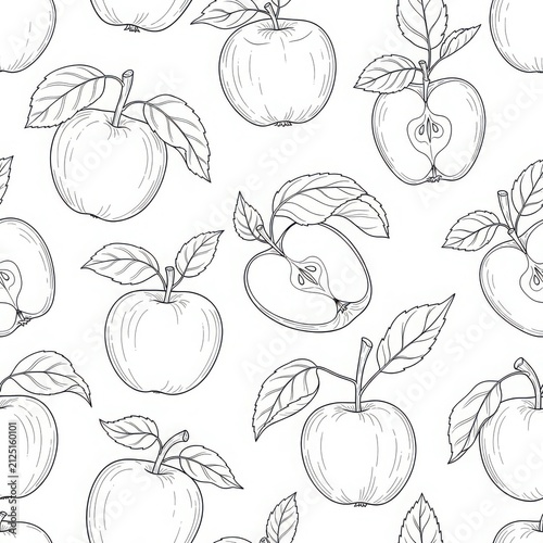 Seamless pattern of hand drawn apple fruits with leaves on white background