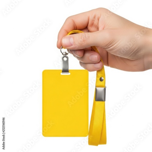 A Person Holding A Blank Yellow Identity Badge With A Yellow Lanyard