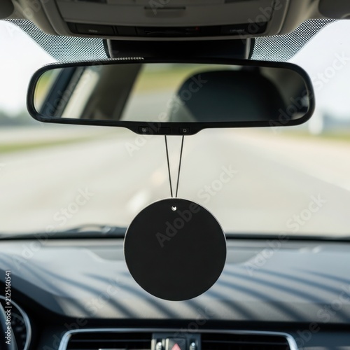 A Blank Black Round Car Air Freshener Hanging From The Rearview Mirror