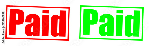 Two rubber stamps with the word Paid in red and green isolated on transparent background