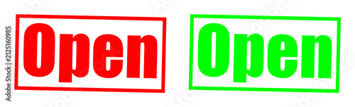 Two open signs in red and green frames with clean typography isolated on transparent background