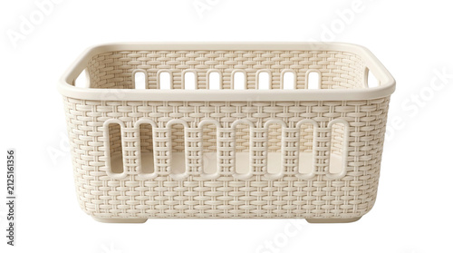 Cream plastic storage basket with woven texture, empty rectangular organizer bin for home decluttering, beige laundry or toy container isolated on white