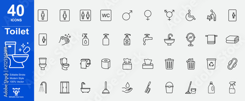 Editable stroke style toilet line icons. Restroom, WC, sanitation, hygiene, collection of public facilities, plumbing, and bathroom equipment. stroke that can be edited