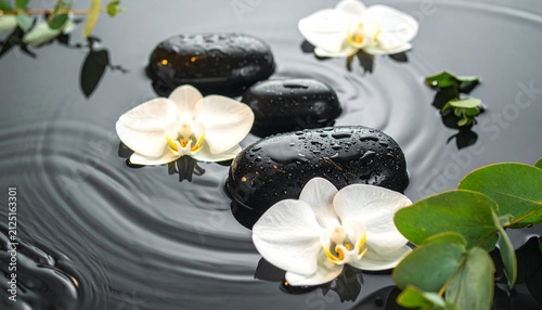 Zen Spa Water Background with Massage Stones and Orchid Petals