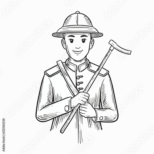 Konstfotografi Smiling male explorer wearing a pith helmet and holding a vintage pickaxe for ad