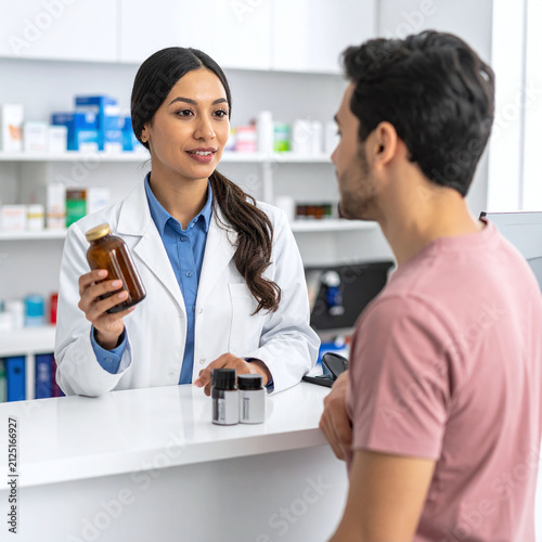 A friendly female pharmacist advises a male customer at a modern drugstore counter, explaining medication. This scene evokes trust, care, and professional healthcare service.