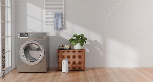 This 3D rendering of a bright, minimalist-style laundry room.