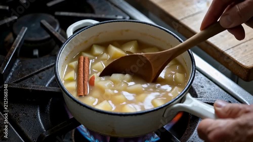 Homemade Cinnamon Apple Compote Cooking in Rustic Kitchen
