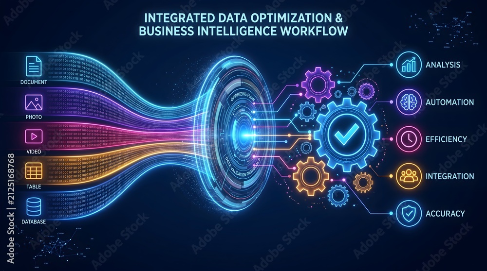 Fototapeta premium Integrated data optimization workflow converting multimedia databases into automated business intelligence and analytical efficiency