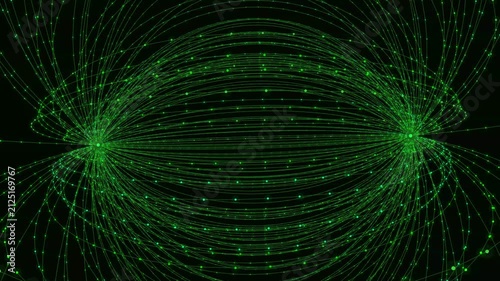 Glowing green light lines connect nodes in a complex network to visualize data flow patterns