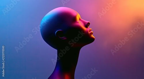Surreal illuminated profile of a bald head against vibrant atmospheric glow