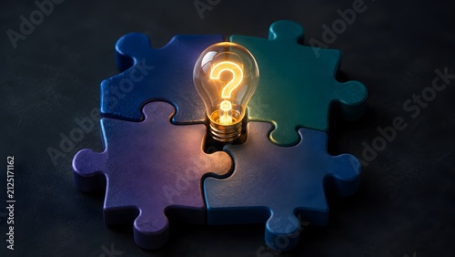 Illuminating a brilliant idea, a glowing question mark light bulb sits atop interconnected puzzle pieces, symbolizing collaborative problem-solving and insightful solutions.