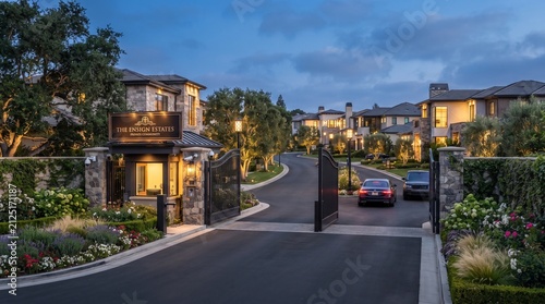 Cuadro en lienzo Gated community entrance at twilight