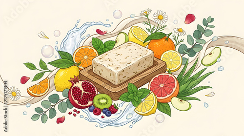 Luxury Eco-Friendly Soap Bar Banner with Fresh Fruit Slices, Flowers, and Milk Splash Artwork