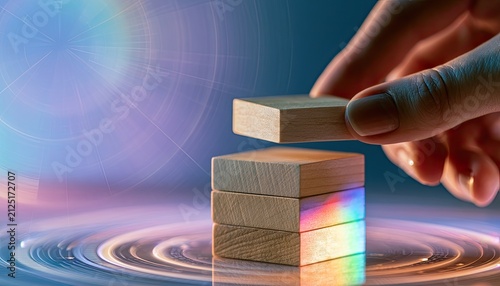 Hand stacking wooden blocks against a glowing, circular background