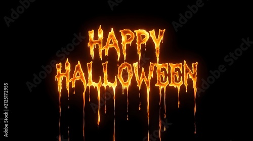 Happy halloween text with a melting fire effect on a black background