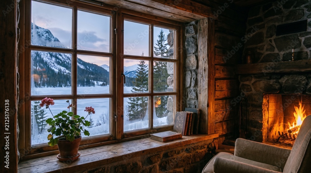 Fototapeta premium Cozy Winter Cabin: Sleeping Dog by Fireplace with Snowy Mountain View at Sunset