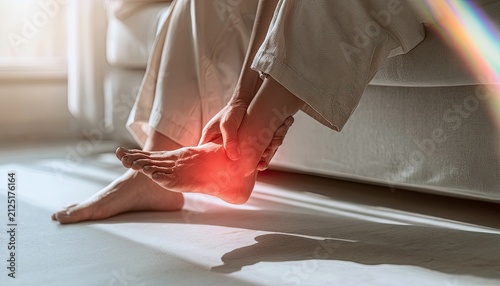 Person experiencing discomfort with highlighted pain in their ankle area