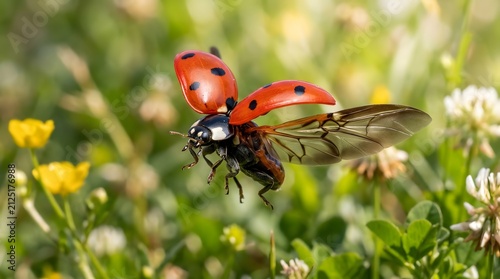 Flying ladybug detailed macro photography of coccinellidae beetle with red wings open in mid flight showcasing intricate anatomy and natural insect beauty close up