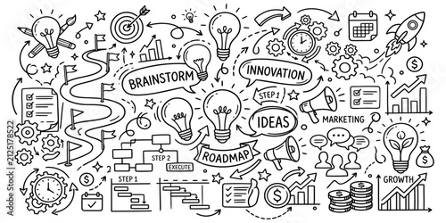 Business brainstorming and startup growth doodle illustration concept with ideas and roadmap