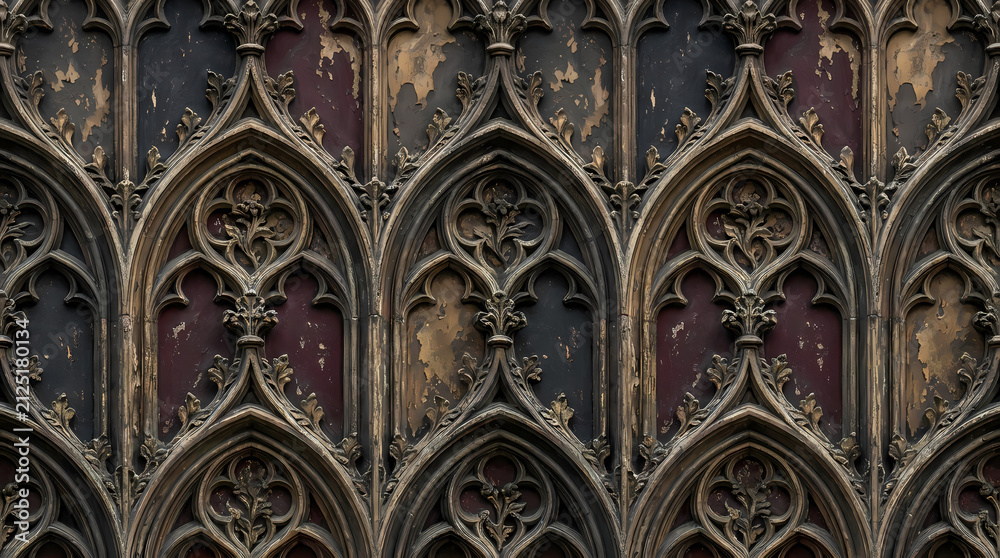 Obraz premium A Gothic architectural panel pattern features dark, intricate tracery and a deep red distressed background.
