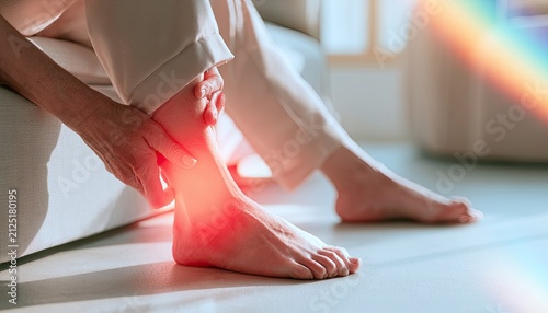 Person experiencing ankle pain, with red highlighting indicating discomfort
