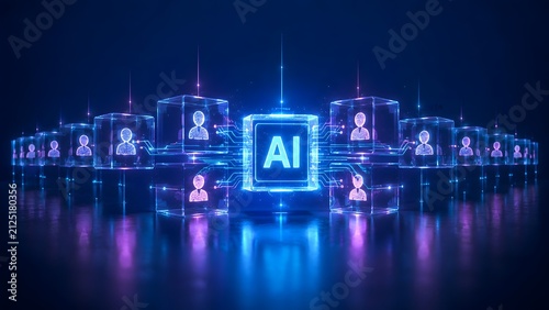 Artificial intelligence network connecting digital human profiles representing AI recruitment automated human resources and smart user data management.